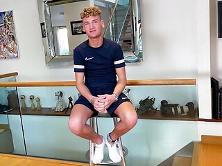 Young Slim & Blond Lad gets his Uncut Cock Wanked & he Shoots Cum all over his Abs!